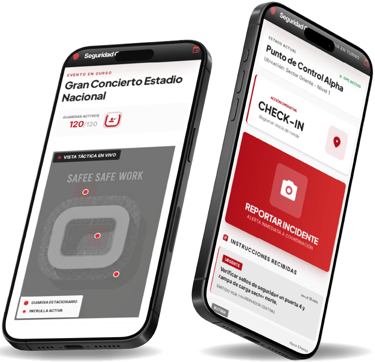 App móvil Seguridad Oriente mostrando estado de directivas y check-in de guardias