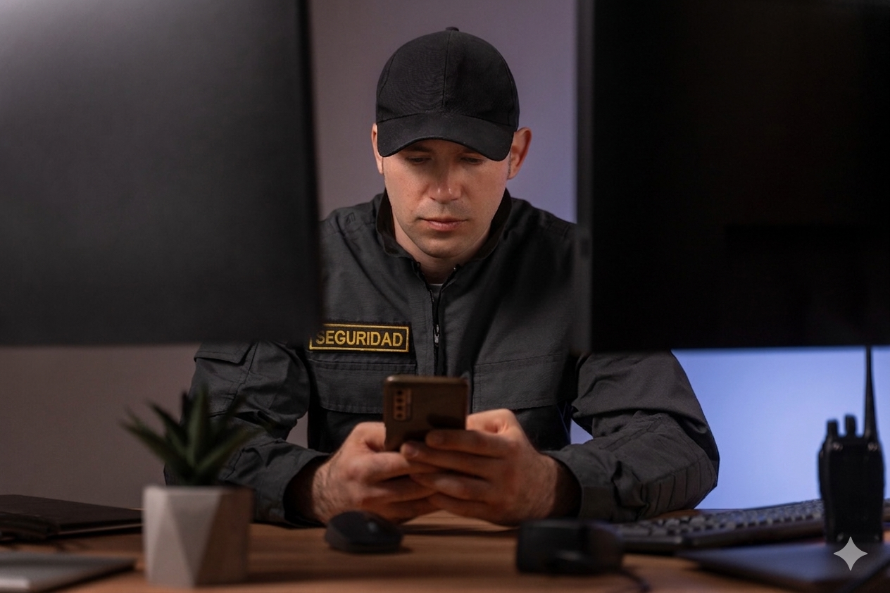 Guardia de seguridad Seguridad Oriente revisando aplicación móvil